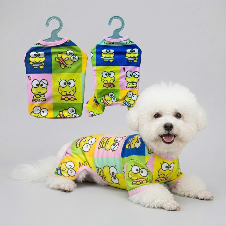 Dog floral print button-up shirt on a hanger