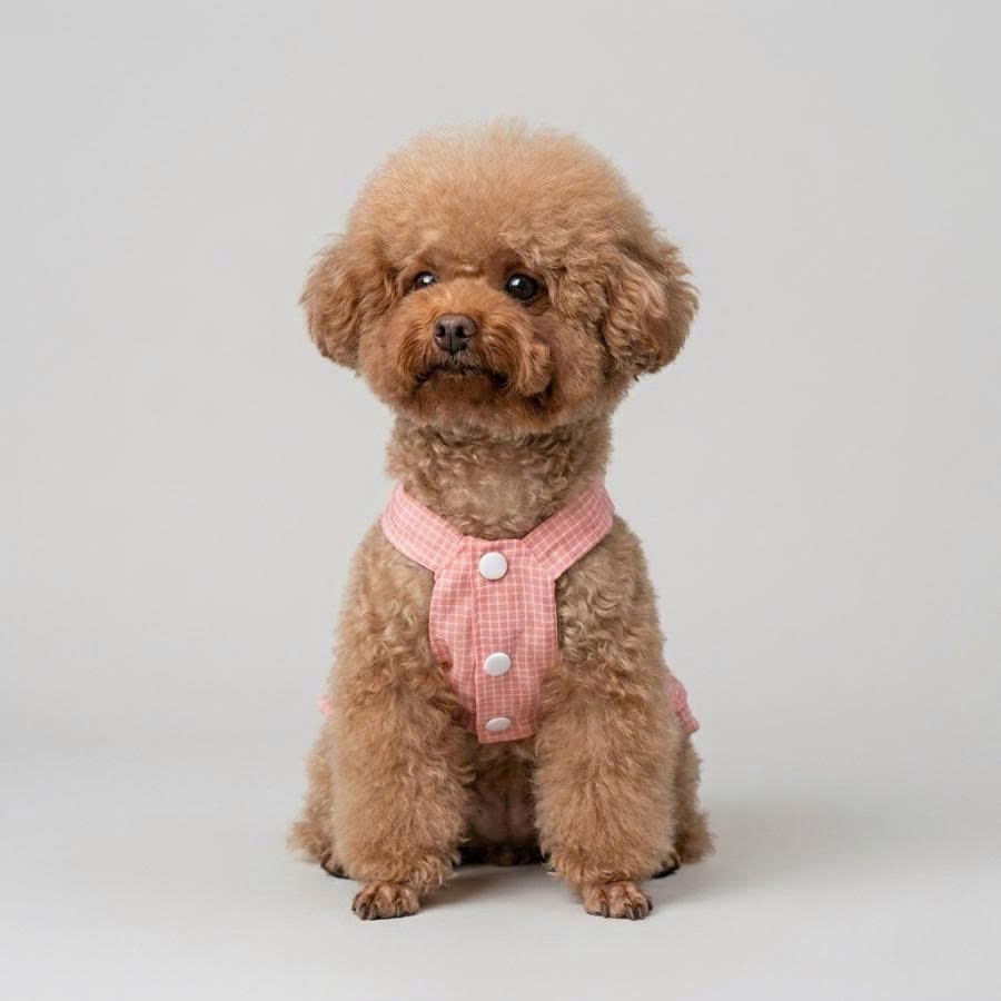 Poodle in olive tee with pink peter-pan collar
