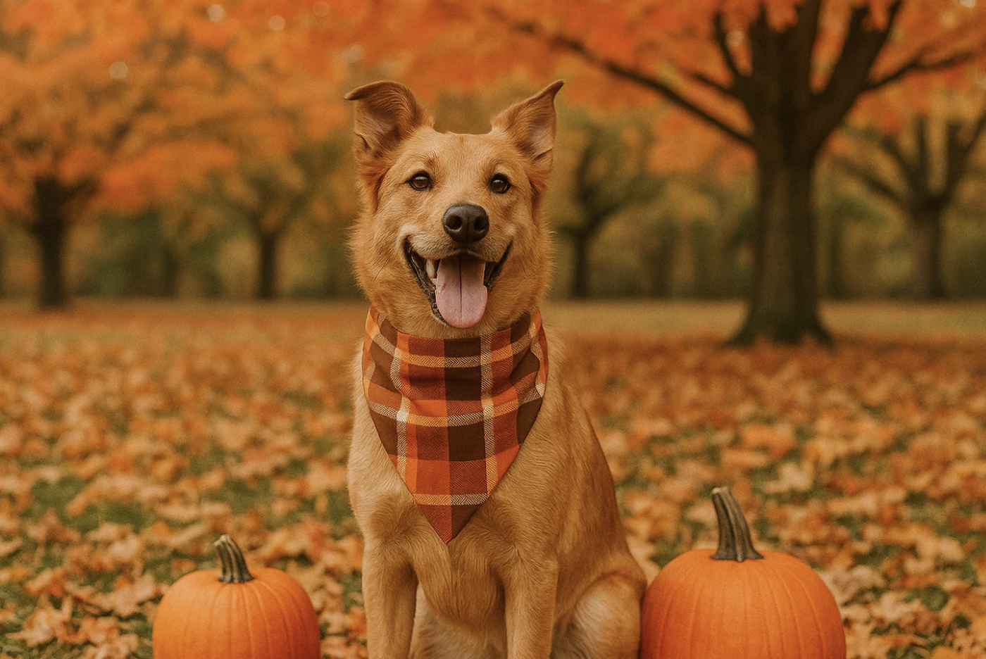 Four autumn-themed dog bandanas