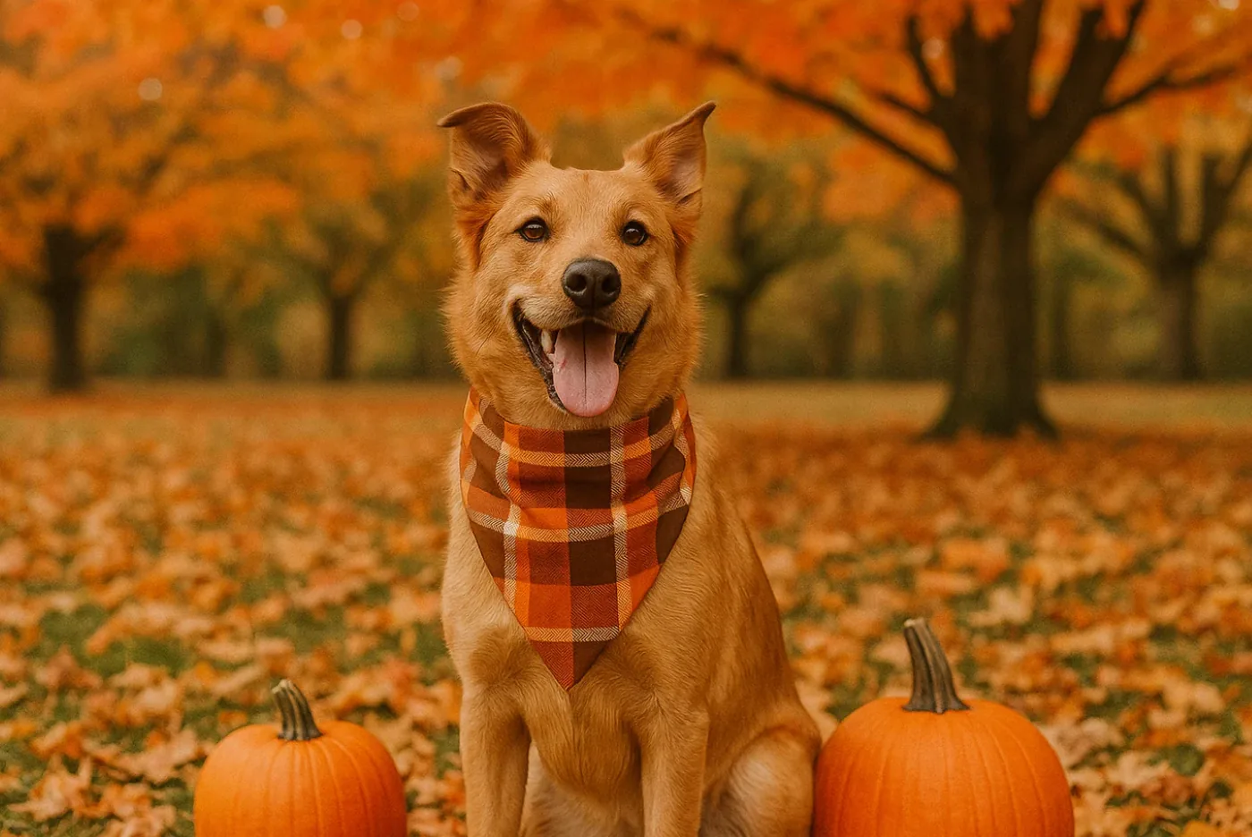 Dog wearing an autumn plaid bandana among pumpkins