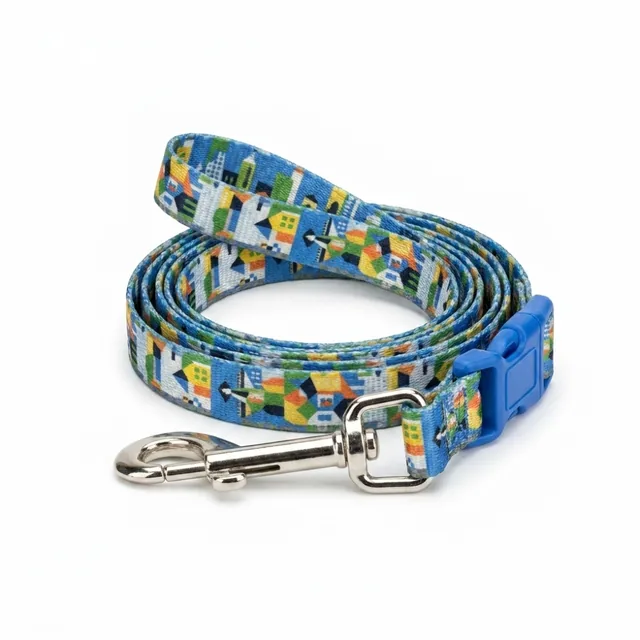 Blue abstract-art printed webbing dog lead